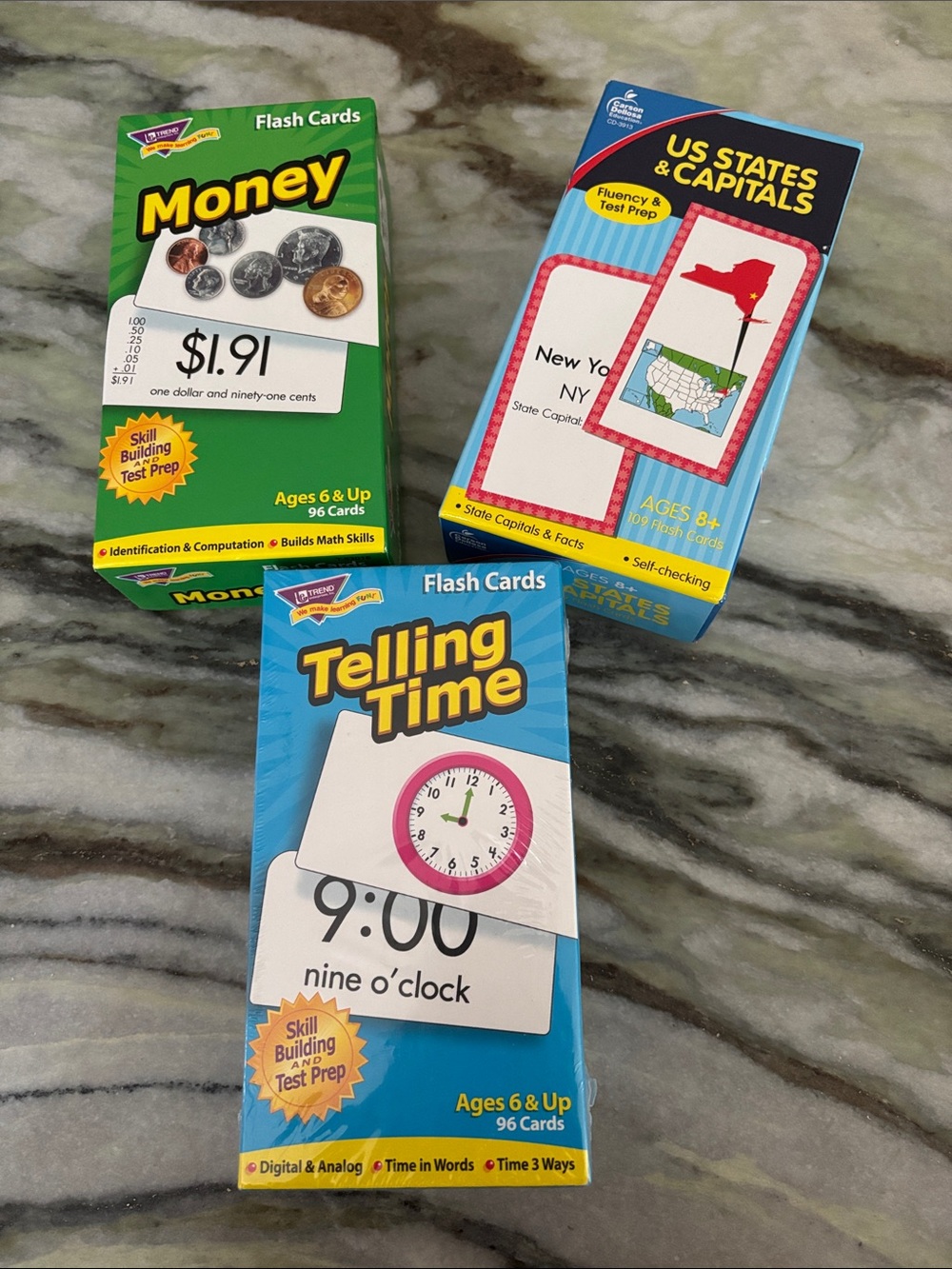 Flash Cards Bundle - Blue & Green - Money, Telling Time & US States